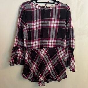 Loft Plaid Peplum Tie Back Shirt with Bell Sleeves Size S